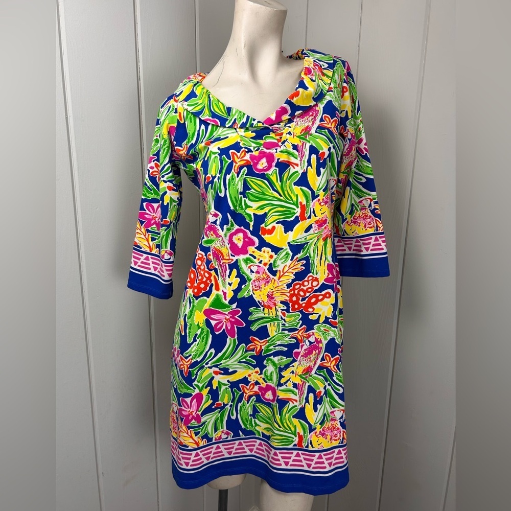 Barbara Erickson Tropical Parrot Print Dress 3/4 Sleeve Resort Shift small